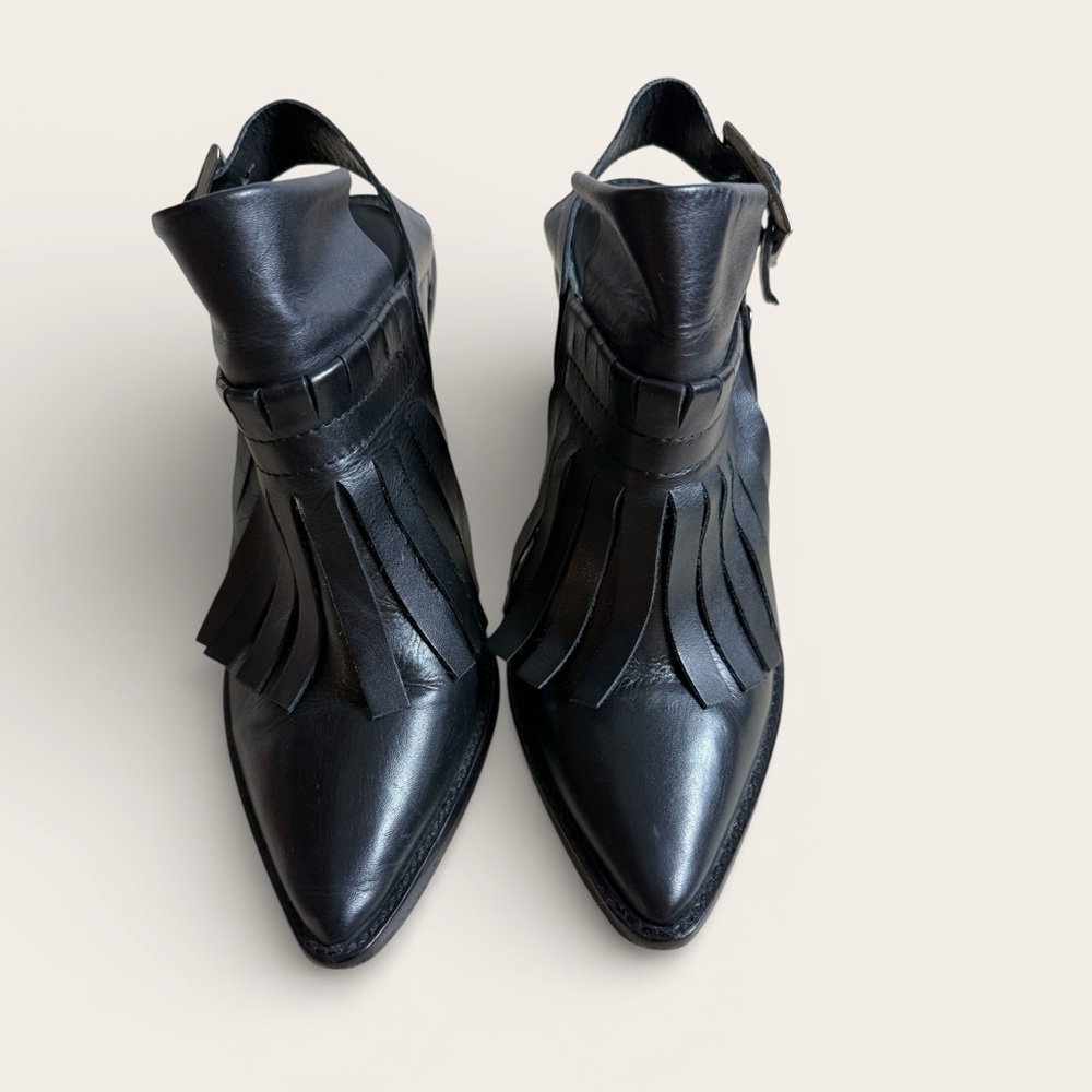 Tibi New York - Black Leather Fringed Slingback Stiletto Booties - Sz 40 (9.5)